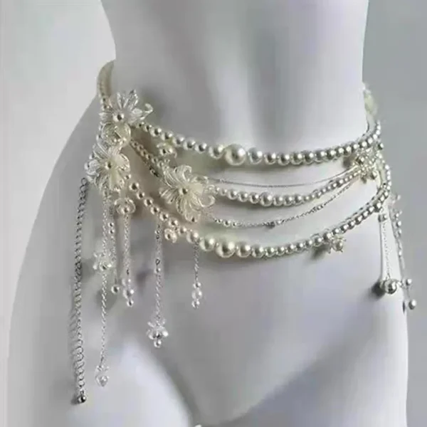 Elegant Geometric Pearl Waist Chain Flower Tassel Double Layer Beads Chain Belt  - Image 3