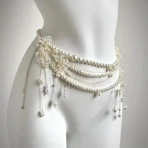 Elegant Geometric Pearl Waist Chain Flower Tassel Double Layer Beads Chain Belt  - Image 2