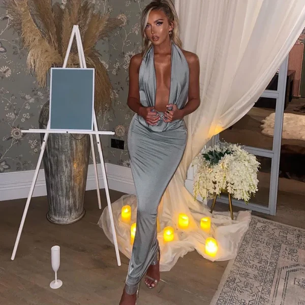 Elegant Halter Backless Party Outfits Evening Birthday Bodycon Maxi Dress - Image 12