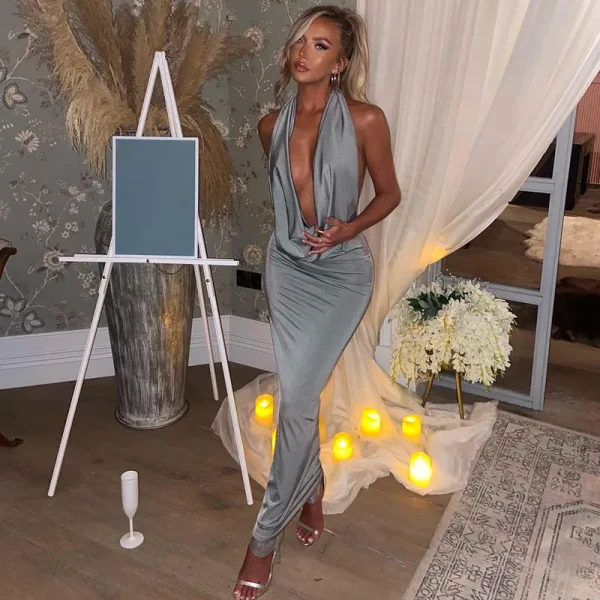 Elegant Halter Backless Party Outfits Evening Birthday Bodycon Maxi Dress - Image 13