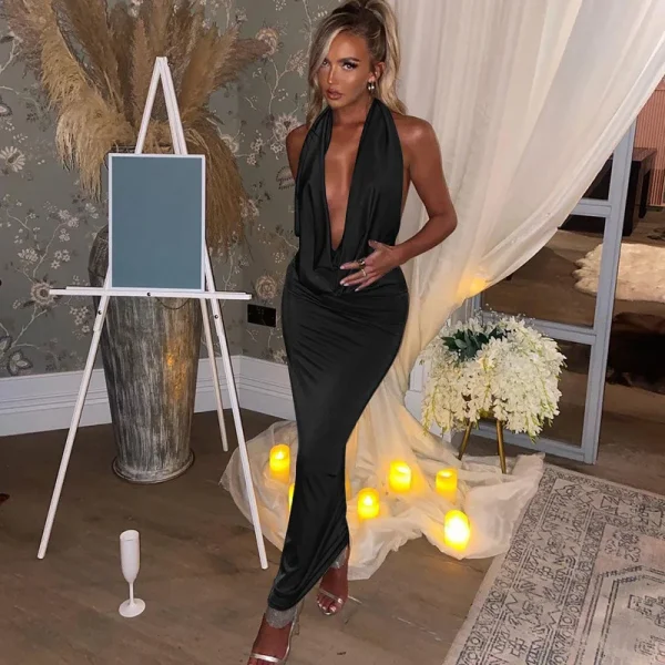 Elegant Halter Backless Party Outfits Evening Birthday Bodycon Maxi Dress - Image 19