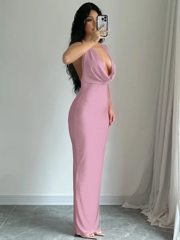 Elegant Halter Backless Party Outfits Evening Birthday Bodycon Maxi Dress - Image 2