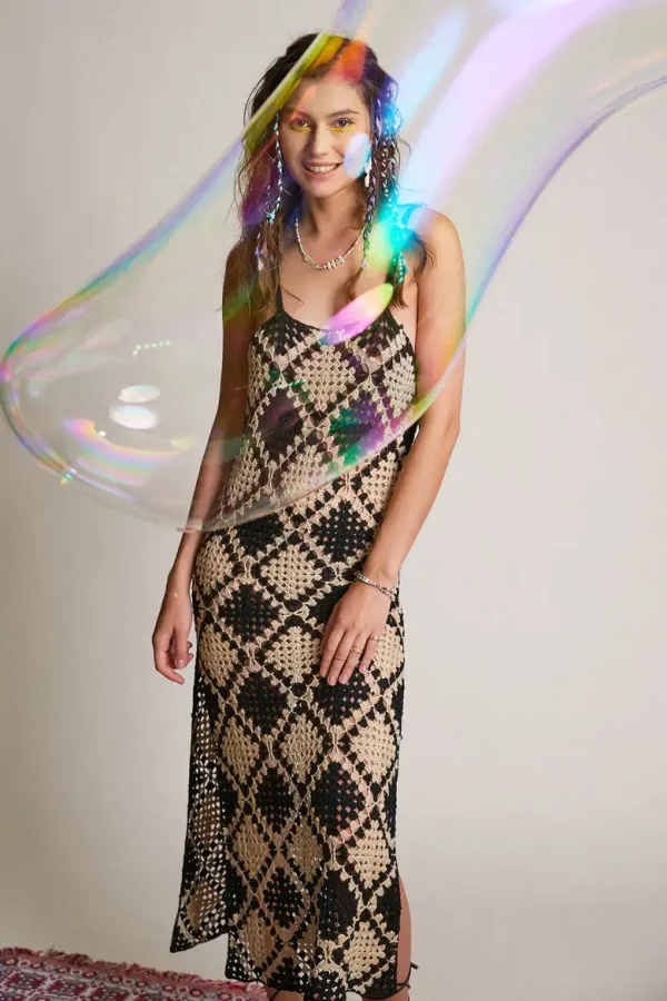Elegant Handmade Long Crochet Tunic Hollow Out Slit Leg Maxi Dress - Image 2