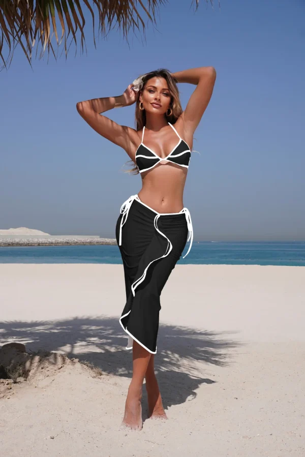Elegant High Cut Thong Lady Halter Solid 3 Piece Skirt Bikini Set - Image 7