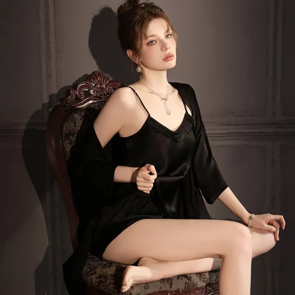 Elegant High Quality Satin Suspenders Shorts Robe Thin Nightgowns - Image 18