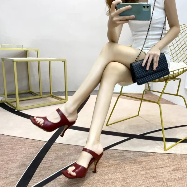 Elegant High Quality Stiletto Peep Toe Hand-Made Square Toe Sandals - Image 2