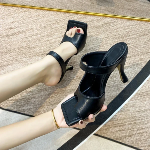Elegant High Quality Stiletto Peep Toe Hand-Made Square Toe Sandals - Image 4