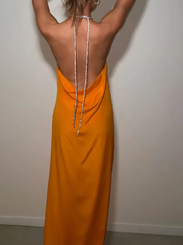 Elegant High Slit Diamond Chain Halter Backless Evening Party Clubwear  Maxi Dress - Image 7
