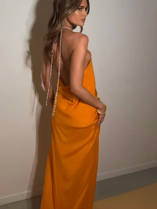 Elegant High Slit Diamond Chain Halter Backless Evening Party Clubwear  Maxi Dress - Image 9
