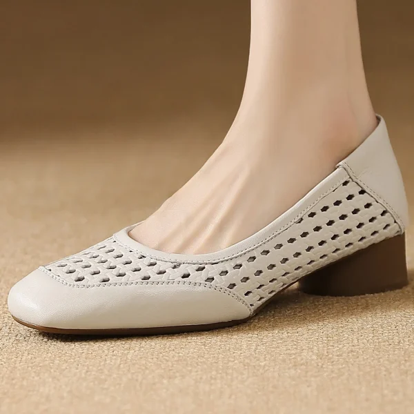 Elegant Hollow-out Sheepskin Patchwork Slip-on Breathable Thick Low Heel Pumps - Image 9
