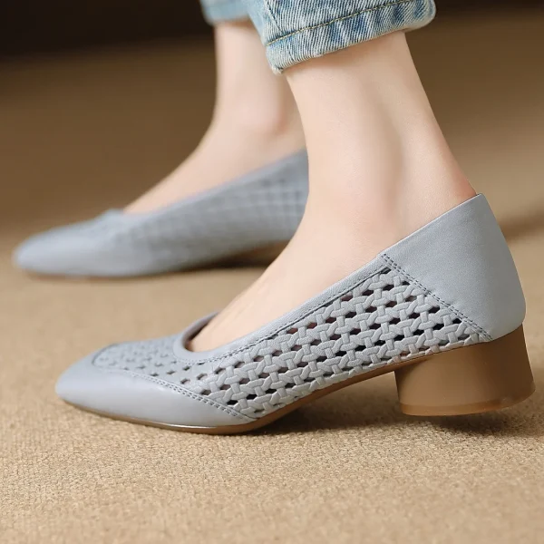 Elegant Hollow-out Sheepskin Patchwork Slip-on Breathable Thick Low Heel Pumps - Image 3