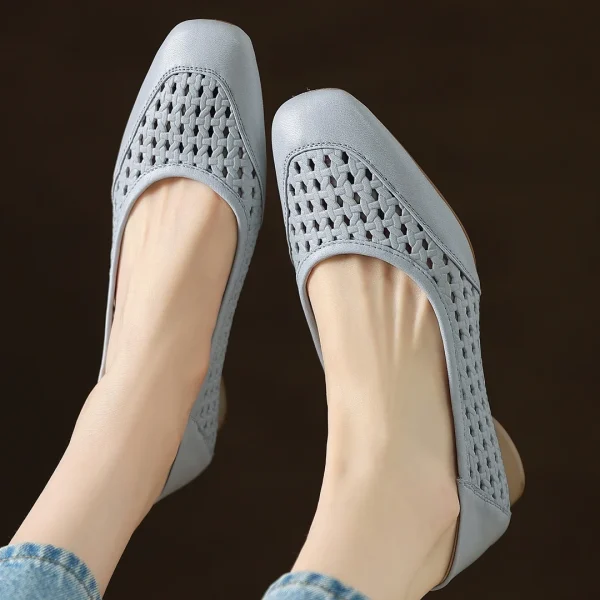 Elegant Hollow-out Sheepskin Patchwork Slip-on Breathable Thick Low Heel Pumps - Image 4