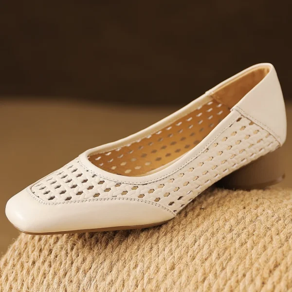 Elegant Hollow-out Sheepskin Patchwork Slip-on Breathable Thick Low Heel Pumps - Image 12