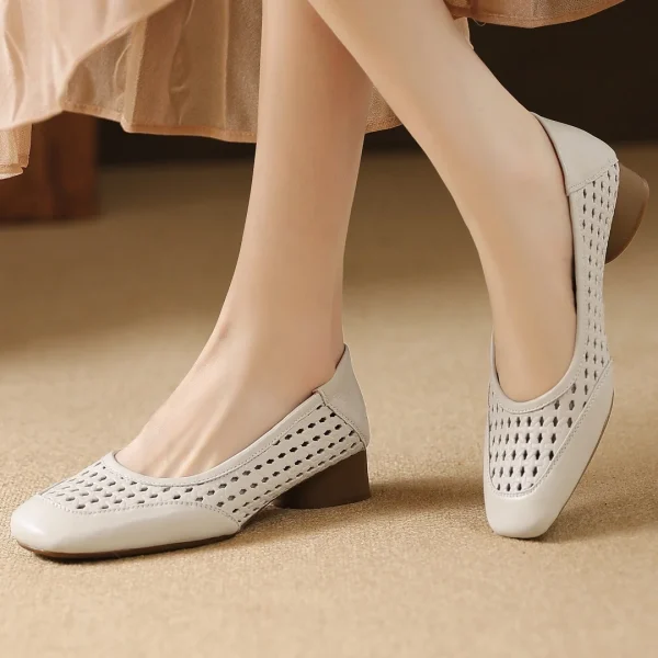 Elegant Hollow-out Sheepskin Patchwork Slip-on Breathable Thick Low Heel Pumps - Image 10
