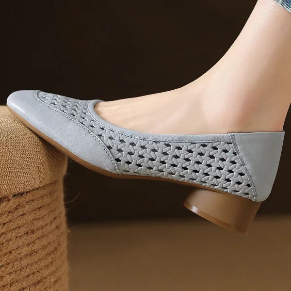 Elegant Hollow-out Sheepskin Patchwork Slip-on Breathable Thick Low Heel Pumps - Image 5