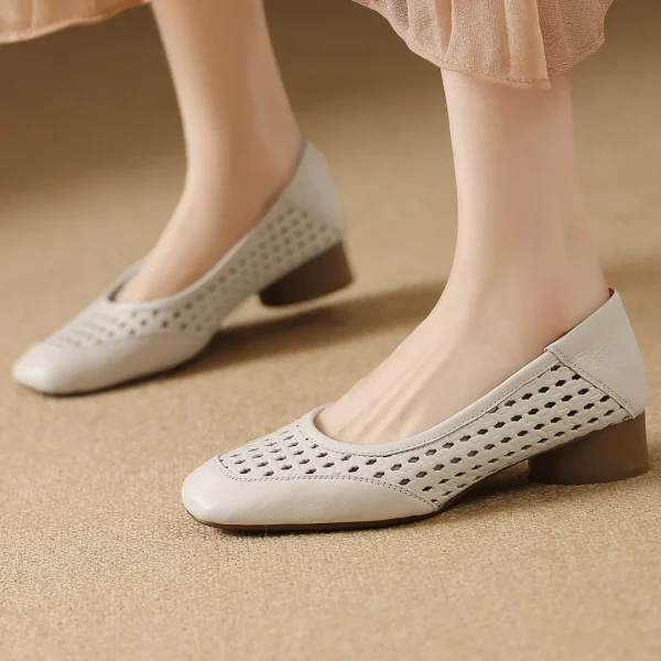 Elegant Hollow-out Sheepskin Patchwork Slip-on Breathable Thick Low Heel Pumps - Image 7