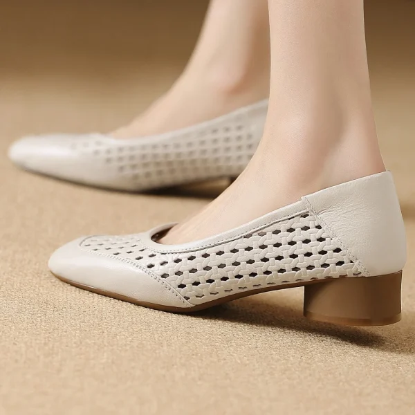 Elegant Hollow-out Sheepskin Patchwork Slip-on Breathable Thick Low Heel Pumps - Image 11