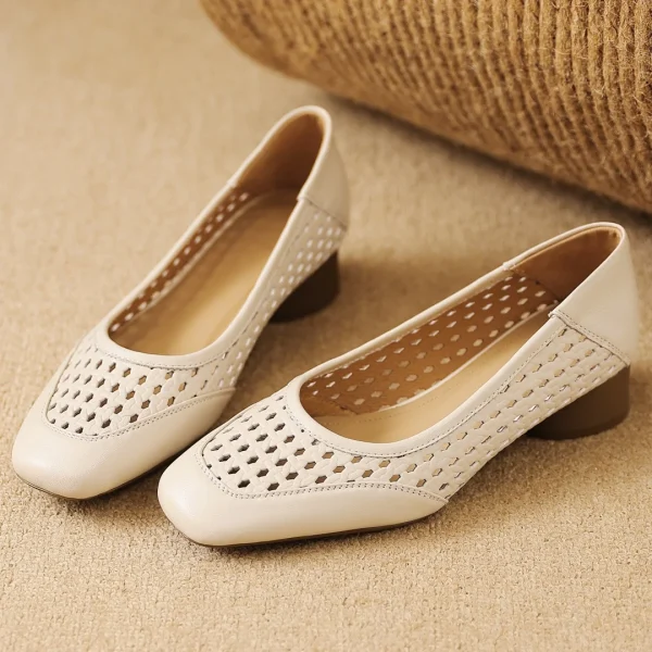 Elegant Hollow-out Sheepskin Patchwork Slip-on Breathable Thick Low Heel Pumps - Image 13