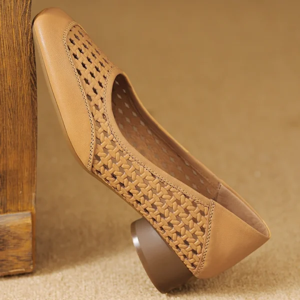 Elegant Hollow-out Sheepskin Patchwork Slip-on Breathable Thick Low Heel Pumps - Image 23