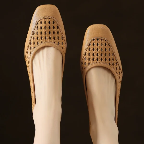 Elegant Hollow-out Sheepskin Patchwork Slip-on Breathable Thick Low Heel Pumps - Image 21