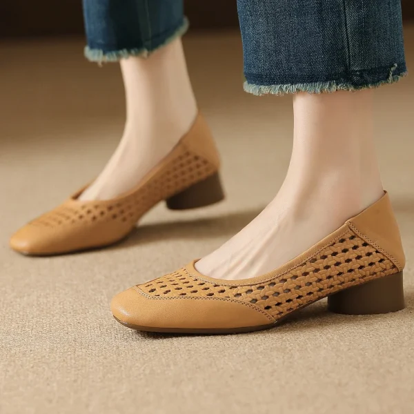 Elegant Hollow-out Sheepskin Patchwork Slip-on Breathable Thick Low Heel Pumps - Image 20
