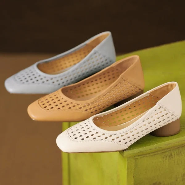 Elegant Hollow-out Sheepskin Patchwork Slip-on Breathable Thick Low Heel Pumps - Image 24