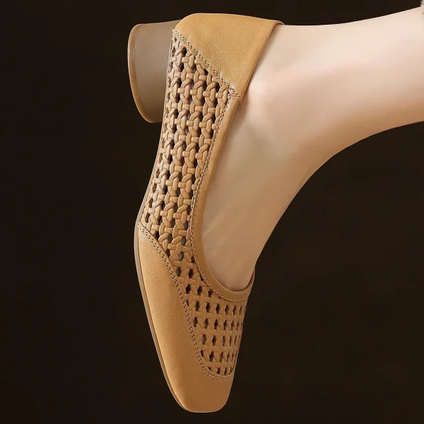 Elegant Hollow-out Sheepskin Patchwork Slip-on Breathable Thick Low Heel Pumps - Image 18
