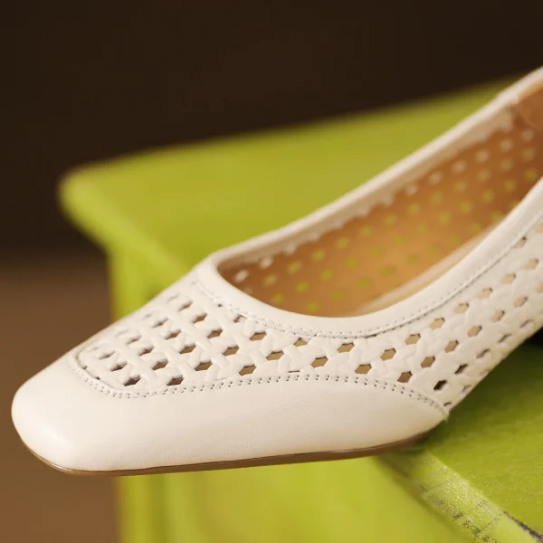 Elegant Hollow-out Sheepskin Patchwork Slip-on Breathable Thick Low Heel Pumps - Image 14