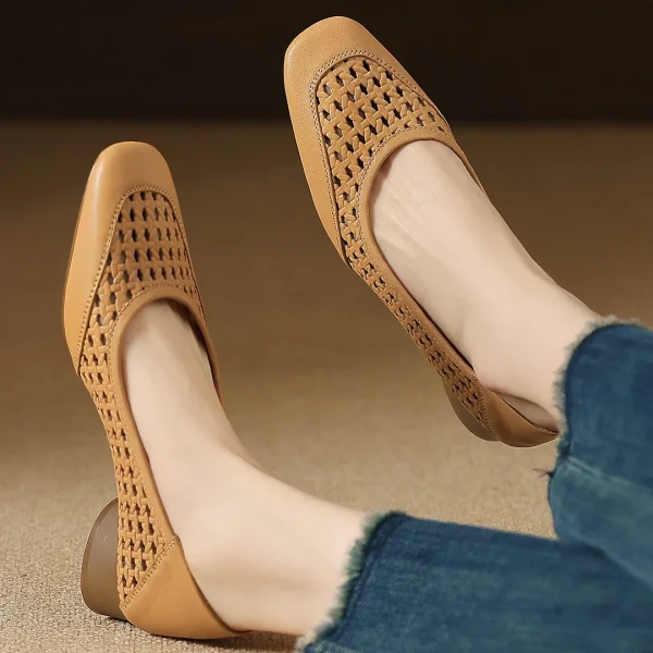 Elegant Hollow-out Sheepskin Patchwork Slip-on Breathable Thick Low Heel Pumps - Image 17
