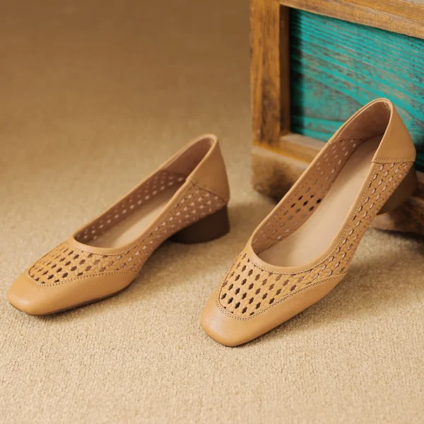 Elegant Hollow-out Sheepskin Patchwork Slip-on Breathable Thick Low Heel Pumps - Image 22