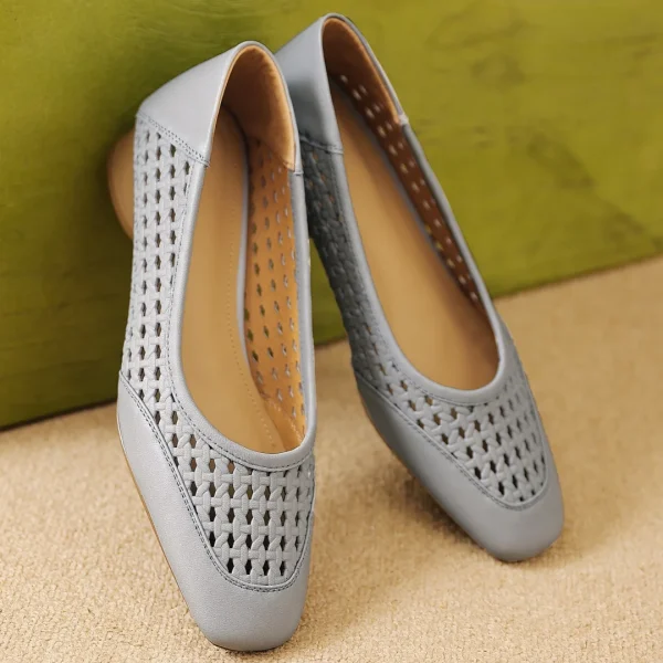 Elegant Hollow-out Sheepskin Patchwork Slip-on Breathable Thick Low Heel Pumps - Image 6