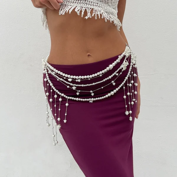 Elegant Imitation Pearl Long Tassel Waist Beads Decoration Chain Dress Belly Belt - Image 2