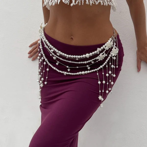 Elegant Imitation Pearl Long Tassel Waist Beads Decoration Chain Dress Belly Belt - Image 3