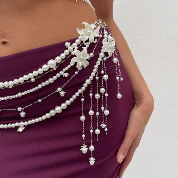 Elegant Imitation Pearl Long Tassel Waist Beads Decoration Chain Dress Belly Belt - Image 4