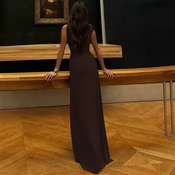 Elegant Inclined Shoulder Backless Sleeveless See Through Draped Club Long Dress - Image 9