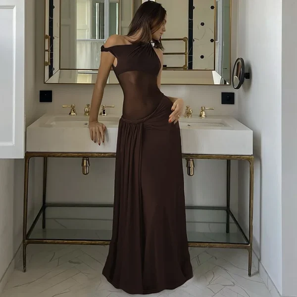 Elegant Inclined Shoulder Backless Sleeveless See Through Draped Club Long Dress - Image 6