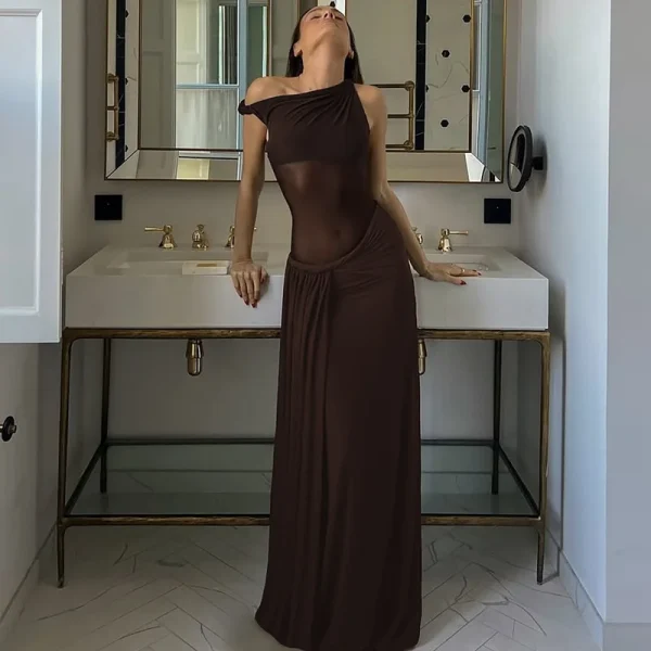 Elegant Inclined Shoulder Backless Sleeveless See Through Draped Club Long Dress - Image 8