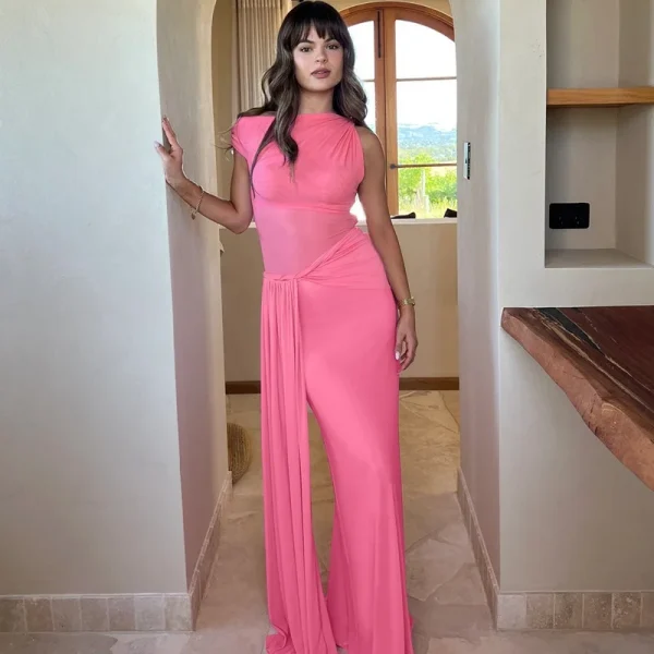Elegant Inclined Shoulder Backless Sleeveless See Through Draped Club Long Dress - Image 4