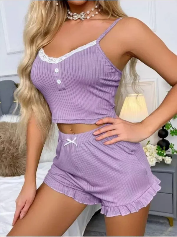 Elegant Lace Button Patchwork Top Ruffles Shorts Sleepwear 2 Piece Set - Image 9