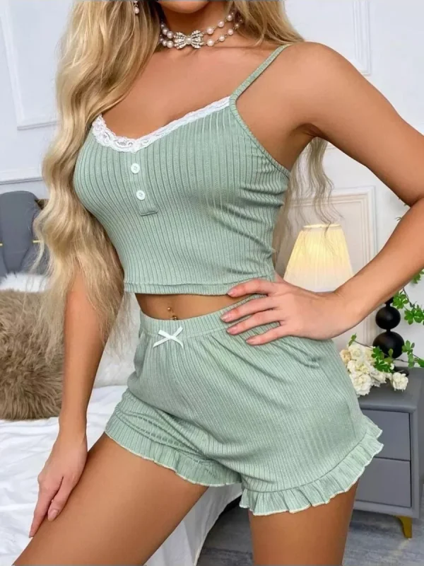 Elegant Lace Button Patchwork Top Ruffles Shorts Sleepwear 2 Piece Set - Image 5