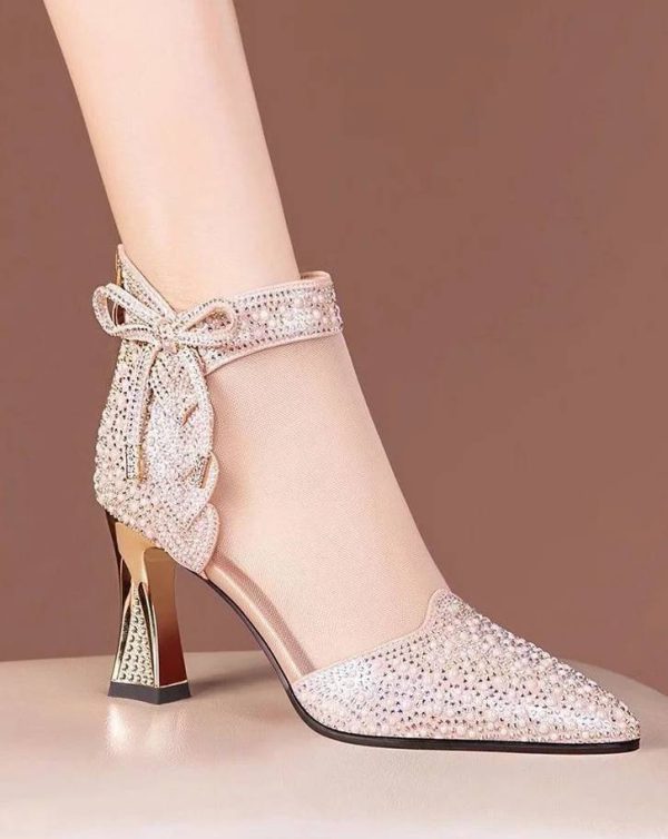 Elegant Leather Pointed Toe Hollow Out Back Zip Mesh High Heels Sandals - Image 8