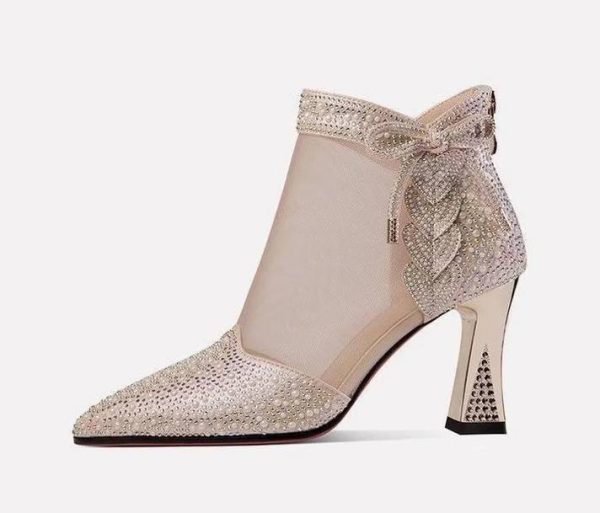 Elegant Leather Pointed Toe Hollow Out Back Zip Mesh High Heels Sandals - Image 9