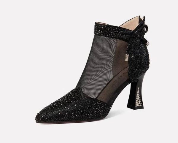 Elegant Leather Pointed Toe Hollow Out Back Zip Mesh High Heels Sandals - Image 4