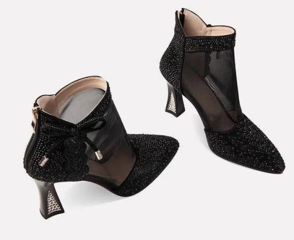 Elegant Leather Pointed Toe Hollow Out Back Zip Mesh High Heels Sandals - Image 6