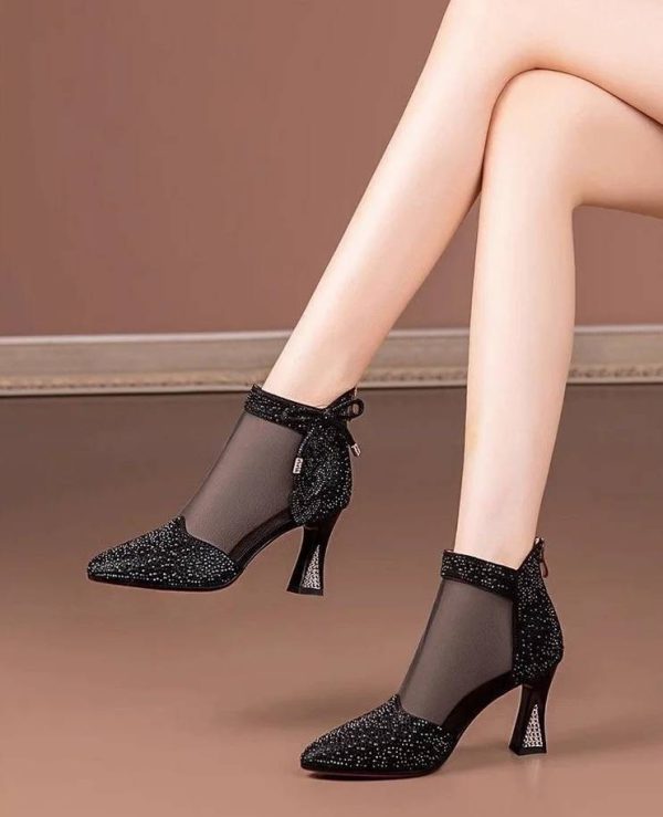 Elegant Leather Pointed Toe Hollow Out Back Zip Mesh High Heels Sandals
