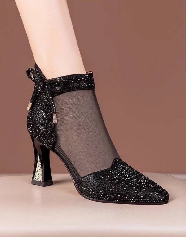 Elegant Leather Pointed Toe Hollow Out Back Zip Mesh High Heels Sandals - Image 3