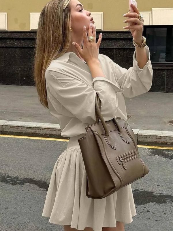 Elegant Long Sleeve Button Shirts High Waist Pleated Mini Skirts Sets - Image 3