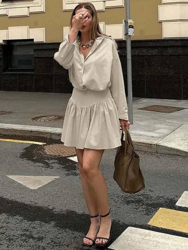 Elegant Long Sleeve Button Shirts High Waist Pleated Mini Skirts Sets