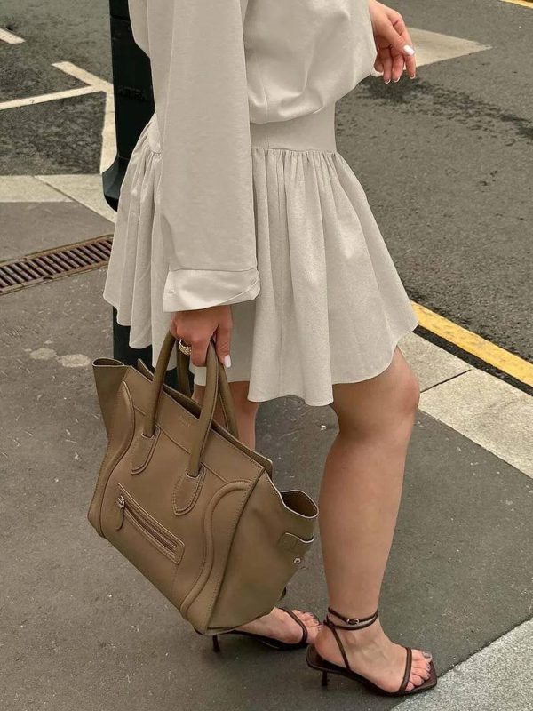 Elegant Long Sleeve Button Shirts High Waist Pleated Mini Skirts Sets - Image 5