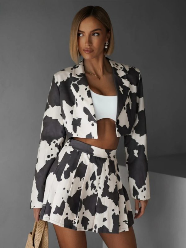 Elegant Long Sleeve Crop Shirt With High Waist Pleated Mini Skirt Set